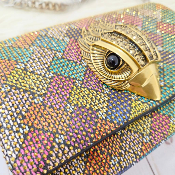 Kurt Geiger Mini Kensington Flap Crossbody Bag rainbow gold rhinestone studs NWT - Picture 4 of 8